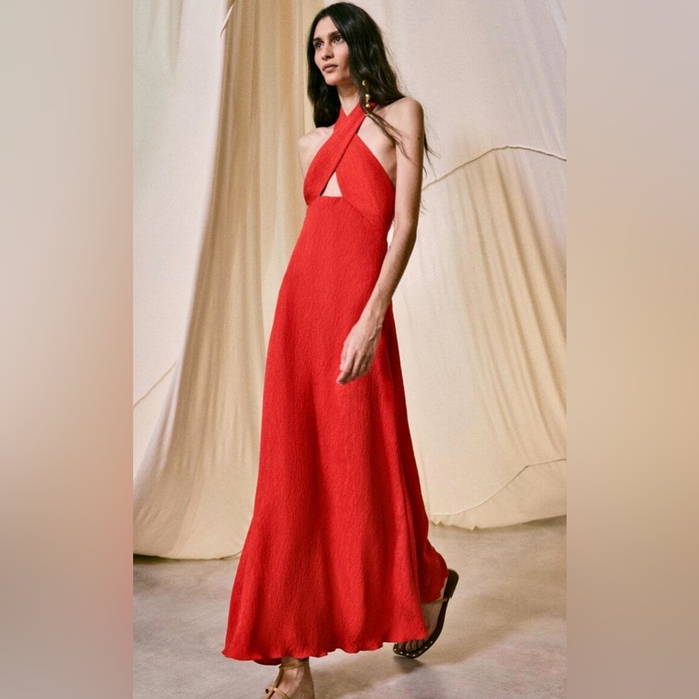 $1250 NWT Johanna Ortiz Runway 100% Silk Red Heart Cutout Halter Maxi Dress